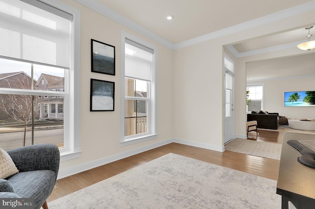 living area featuring baseboards, wood finished floors, and crown molding