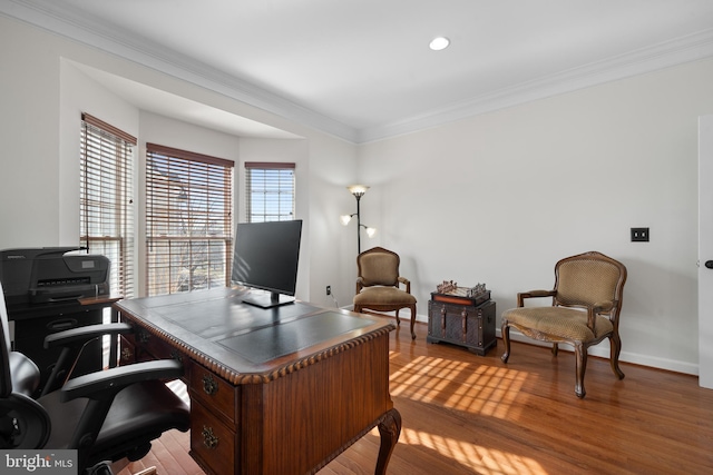 office featuring recessed lighting, ornamental molding, baseboards, and wood finished floors