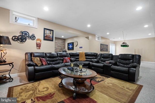 carpeted living room featuring recessed lighting and baseboards