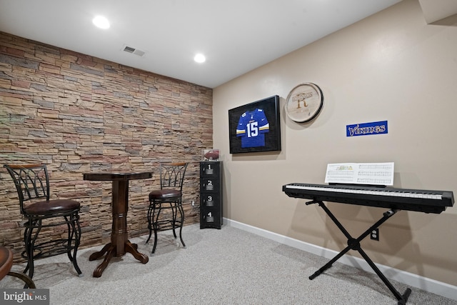 interior space with recessed lighting, visible vents, carpet floors, and baseboards