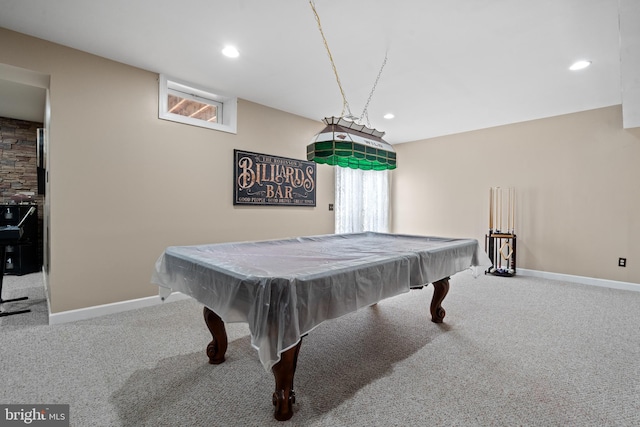 playroom featuring recessed lighting, billiards, baseboards, and carpet floors