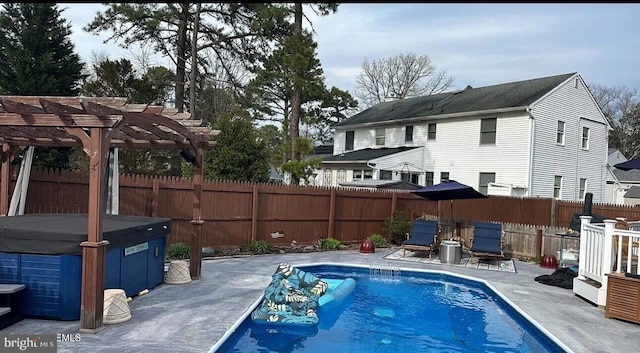 view of pool featuring a hot tub and a pergola