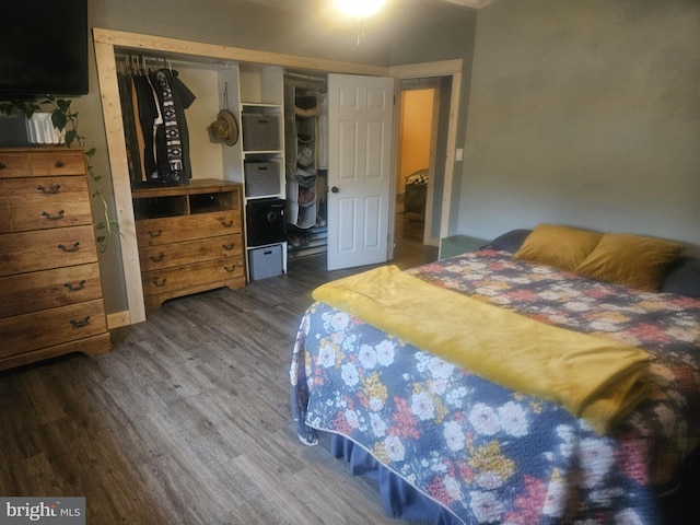 bedroom with dark hardwood / wood-style floors and a closet