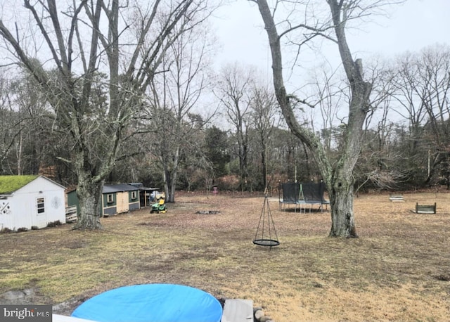 view of yard with an outdoor structure and a trampoline