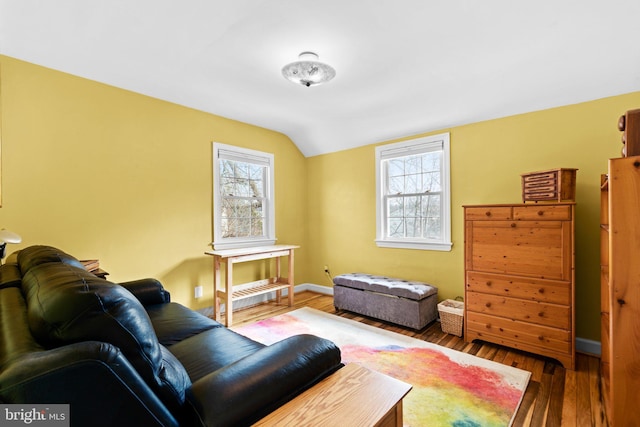 living area with hardwood / wood-style flooring, vaulted ceiling, and a wealth of natural light