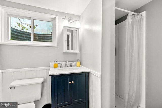 bathroom featuring vanity, toilet, and a shower with shower curtain