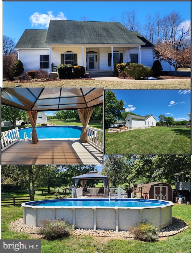 pool with a lawn, a gazebo, fence, a shed, and an outdoor structure