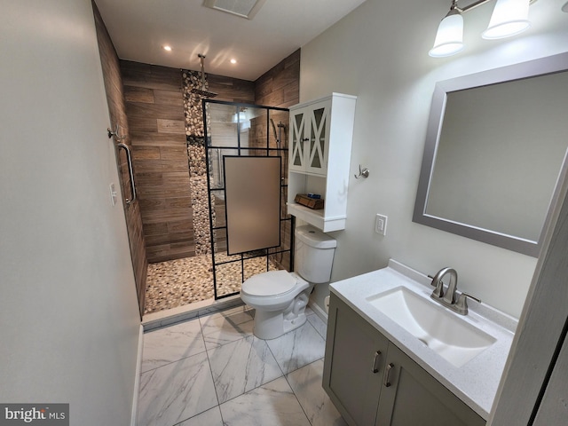 bathroom with toilet, vanity, and walk in shower