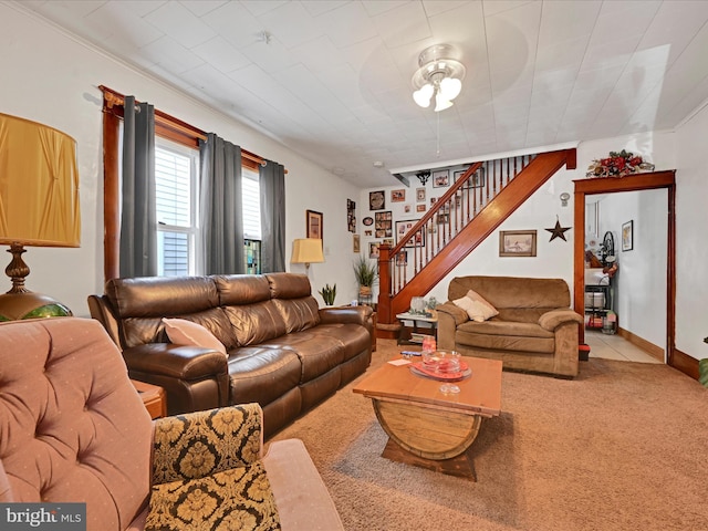 living room with light colored carpet