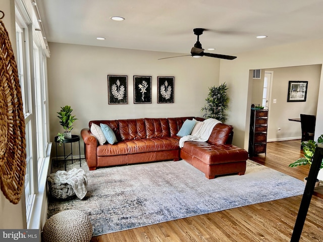 living room with wood-type flooring and ceiling fan