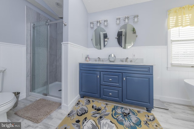 bathroom featuring vanity, toilet, a textured ceiling, and walk in shower