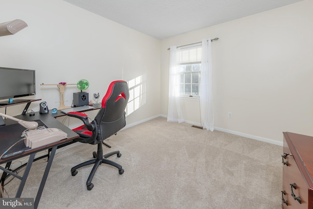 carpeted office featuring a textured ceiling