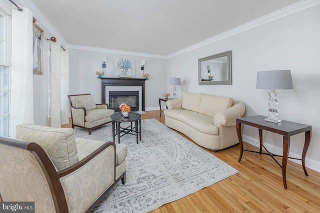 living room featuring light hardwood / wood-style flooring, ornamental molding, and a textured ceiling