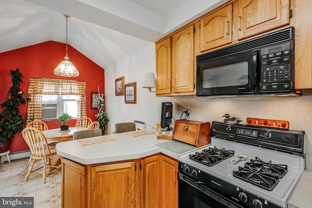 kitchen featuring hanging light fixtures, vaulted ceiling, kitchen peninsula, and white gas range oven