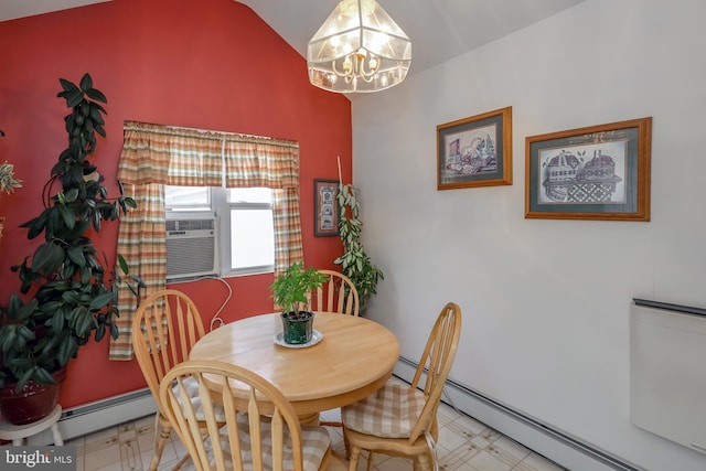 dining area featuring baseboard heating, a chandelier, and cooling unit