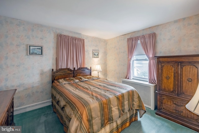 carpeted bedroom featuring radiator heating unit