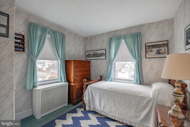 bedroom with radiator and carpet floors