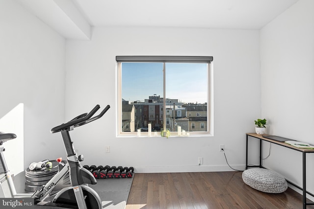 workout room featuring dark wood-type flooring