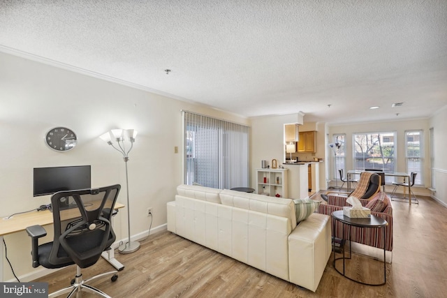 living room featuring ornamental molding, a textured ceiling, and light wood-type flooring