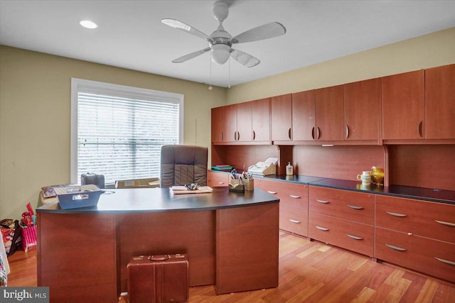 office featuring ceiling fan and light wood-type flooring