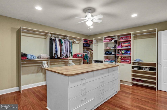 walk in closet with dark hardwood / wood-style floors and ceiling fan