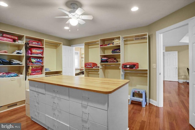 spacious closet with hardwood / wood-style flooring and ceiling fan