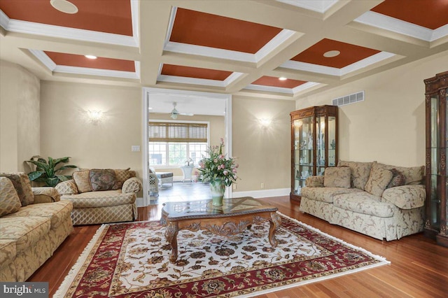 living room featuring hardwood / wood-style flooring, coffered ceiling, and beam ceiling