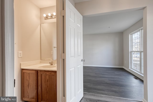 bathroom featuring hardwood / wood-style flooring and vanity