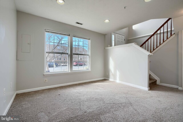 spare room featuring electric panel and carpet flooring