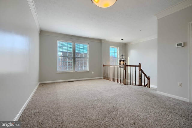 unfurnished room with crown molding, carpet floors, and a textured ceiling