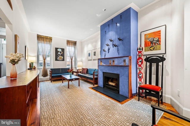 living room with hardwood / wood-style flooring and a large fireplace