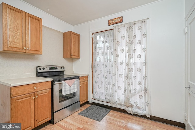 kitchen featuring stainless steel electric range and light hardwood / wood-style flooring