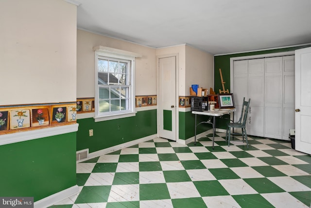 home office with ornamental molding