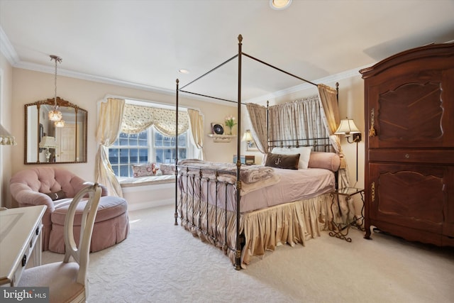 carpeted bedroom with crown molding