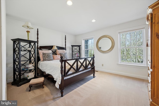 bedroom featuring baseboards, carpet flooring, and recessed lighting