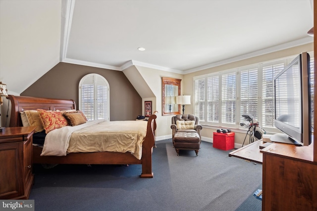 bedroom featuring crown molding, recessed lighting, carpet flooring, vaulted ceiling, and baseboards