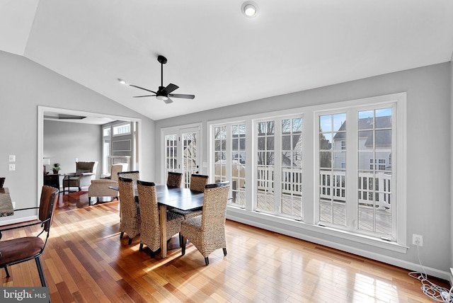 dining room featuring lofted ceiling, hardwood / wood-style flooring, and ceiling fan