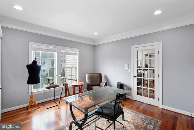 office featuring hardwood / wood-style floors and crown molding