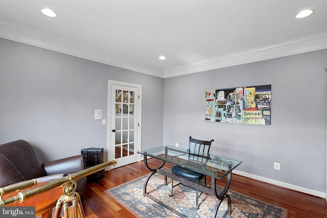 office area featuring crown molding, wood-type flooring, and french doors