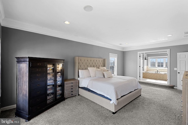 bedroom featuring crown molding and carpet floors