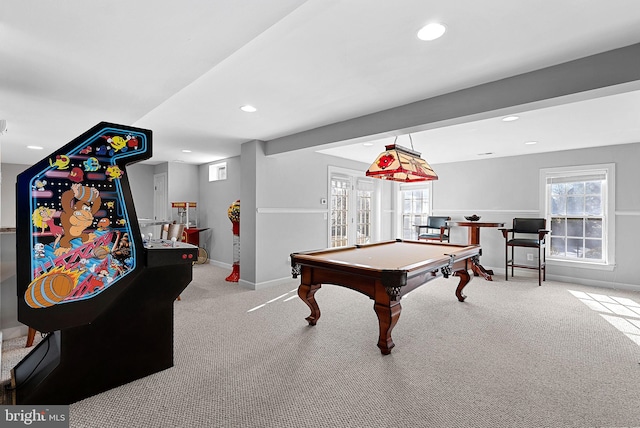 game room with light colored carpet and billiards