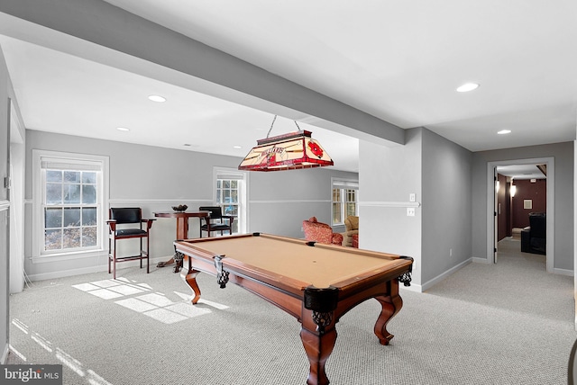 game room with light carpet and billiards