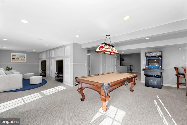 recreation room featuring light carpet and billiards