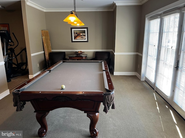 playroom with baseboards, billiards, light colored carpet, and crown molding