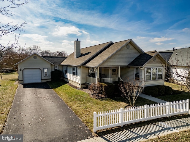 view of front facade featuring a porch, a fenced front yard, an attached garage, driveway, and a chimney