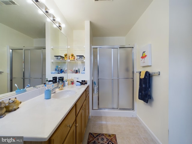 full bathroom with visible vents, a stall shower, vanity, and tile patterned floors