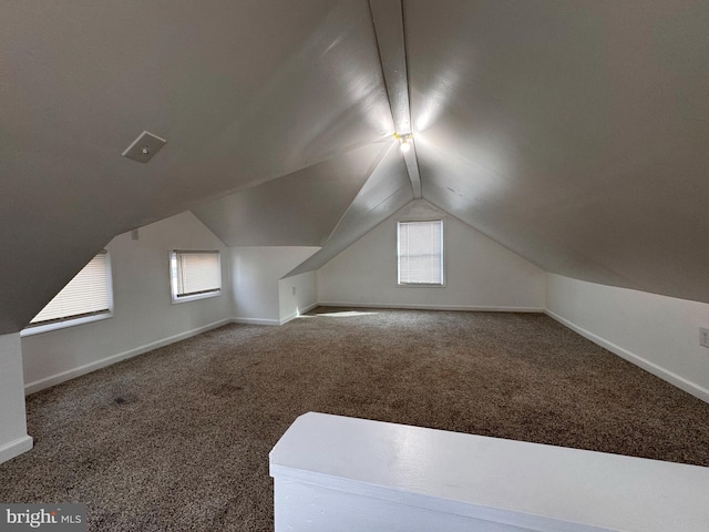 additional living space featuring vaulted ceiling, carpet flooring, and a wealth of natural light