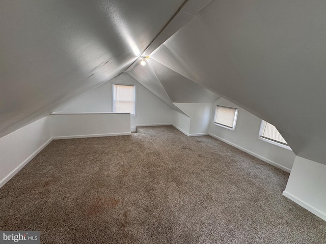 bonus room with lofted ceiling and carpet flooring