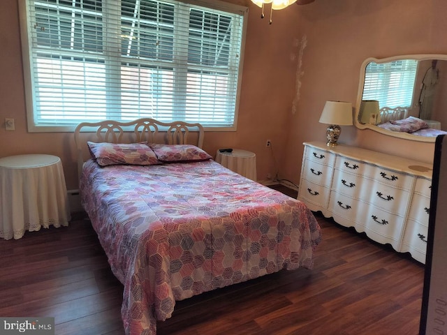 bedroom with dark hardwood / wood-style flooring and multiple windows