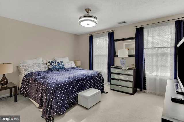 bedroom with light carpet and a textured ceiling